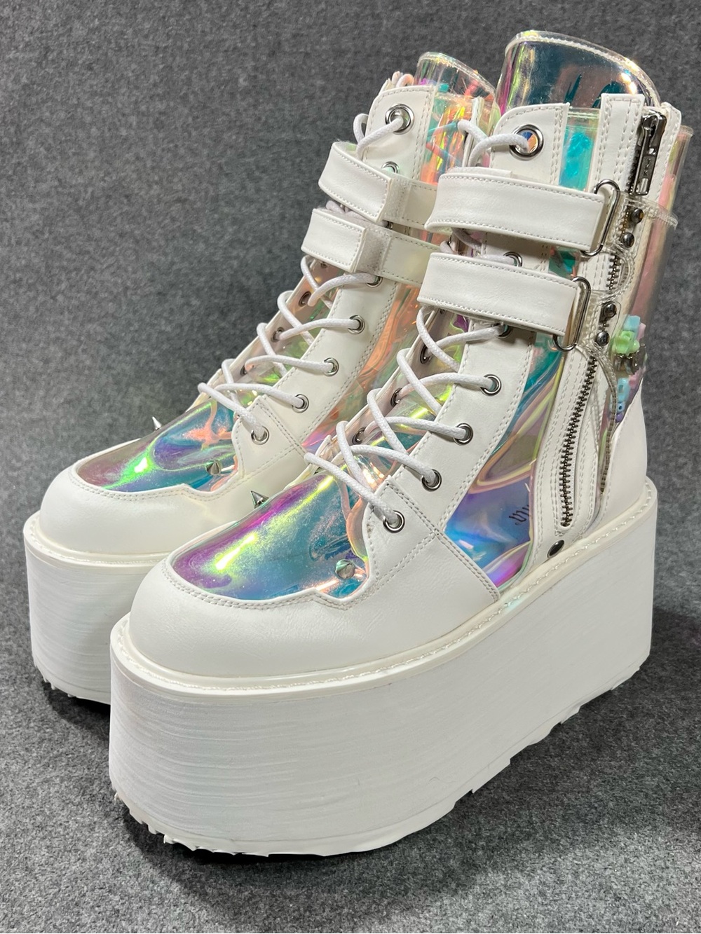 Demonia Damned 115 Holographic Kawaii Charm  White Platform Boots Women’s US 10